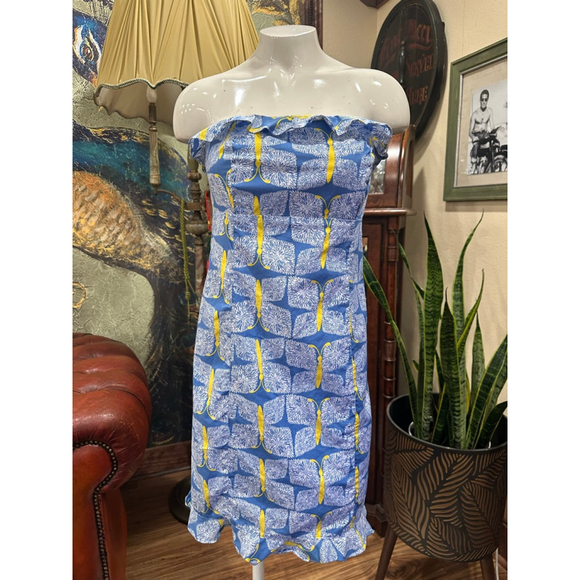 Lilly Pulitzer Strapless Dress Blue Yellow Butterfly Print Size 6 - Picture 2 of 10